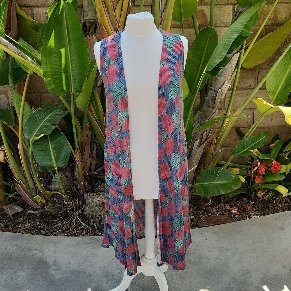 Lularoe duster vest extra small blue pink floral new with tags